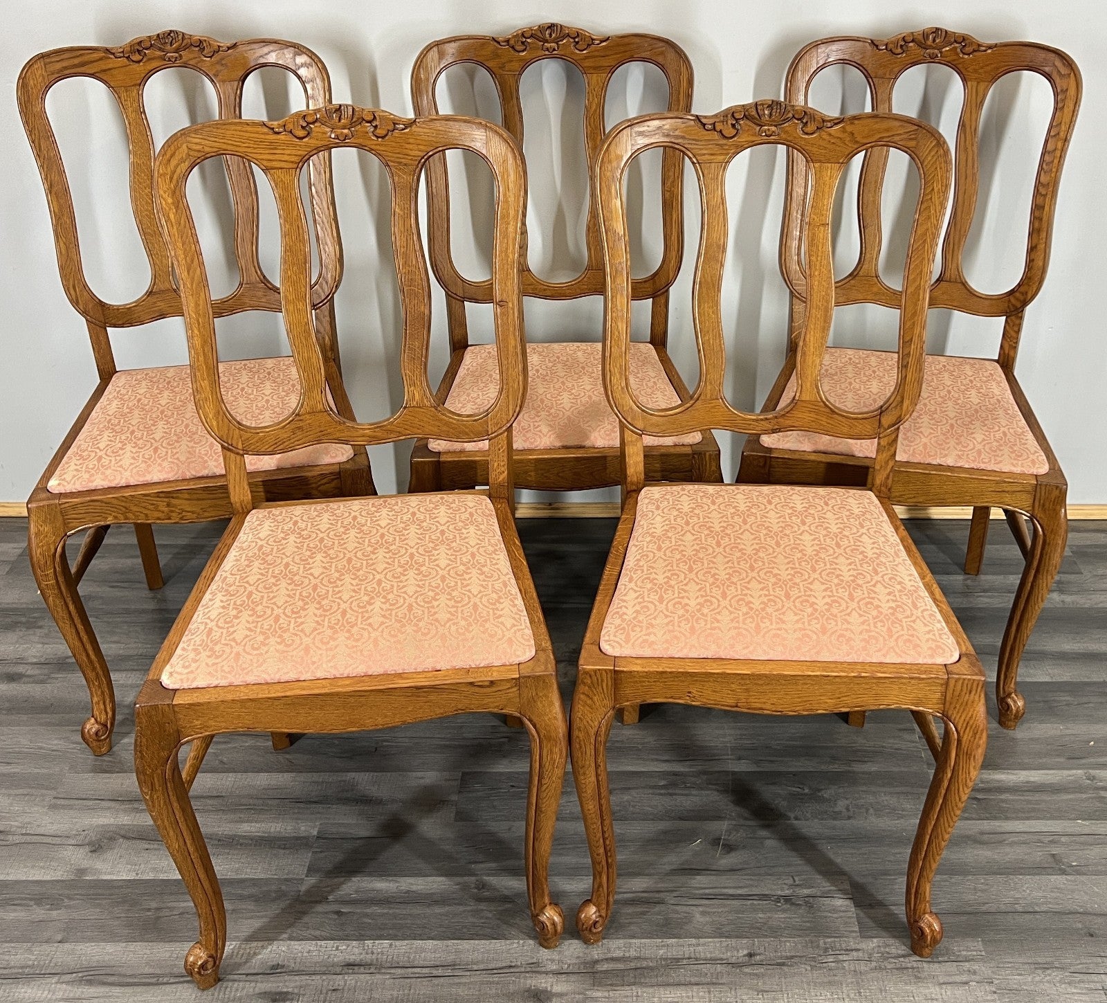 Chairs Vintage French Louis XVI Style Oak Upholstered Set of 5 Carved LOT 44020