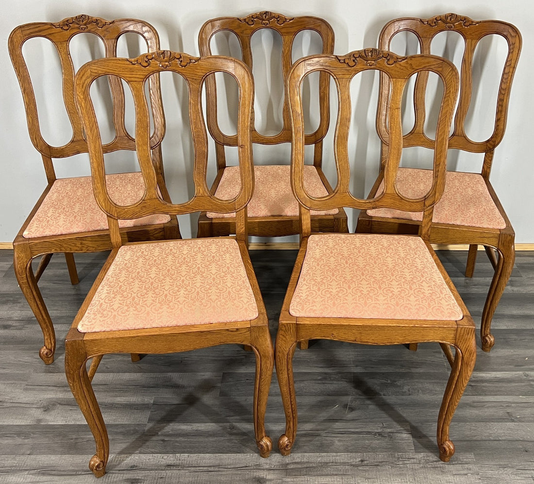 Chairs Vintage French Louis XVI Style Oak Upholstered Set of 5 Carved LOT 44020