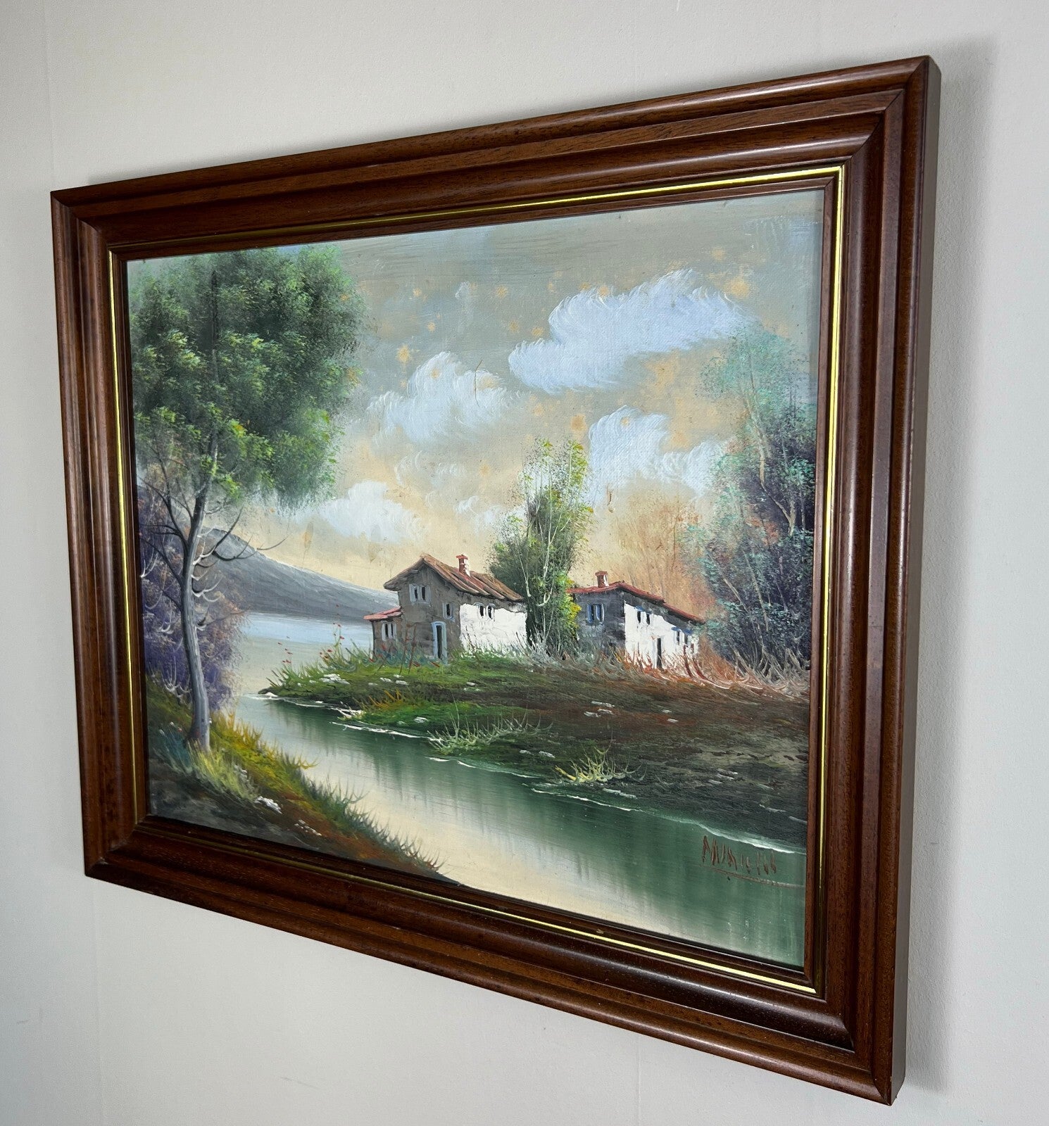 Vintage French Oil Painting Lake Mountain Scene Signed Framed Art LOT 50511