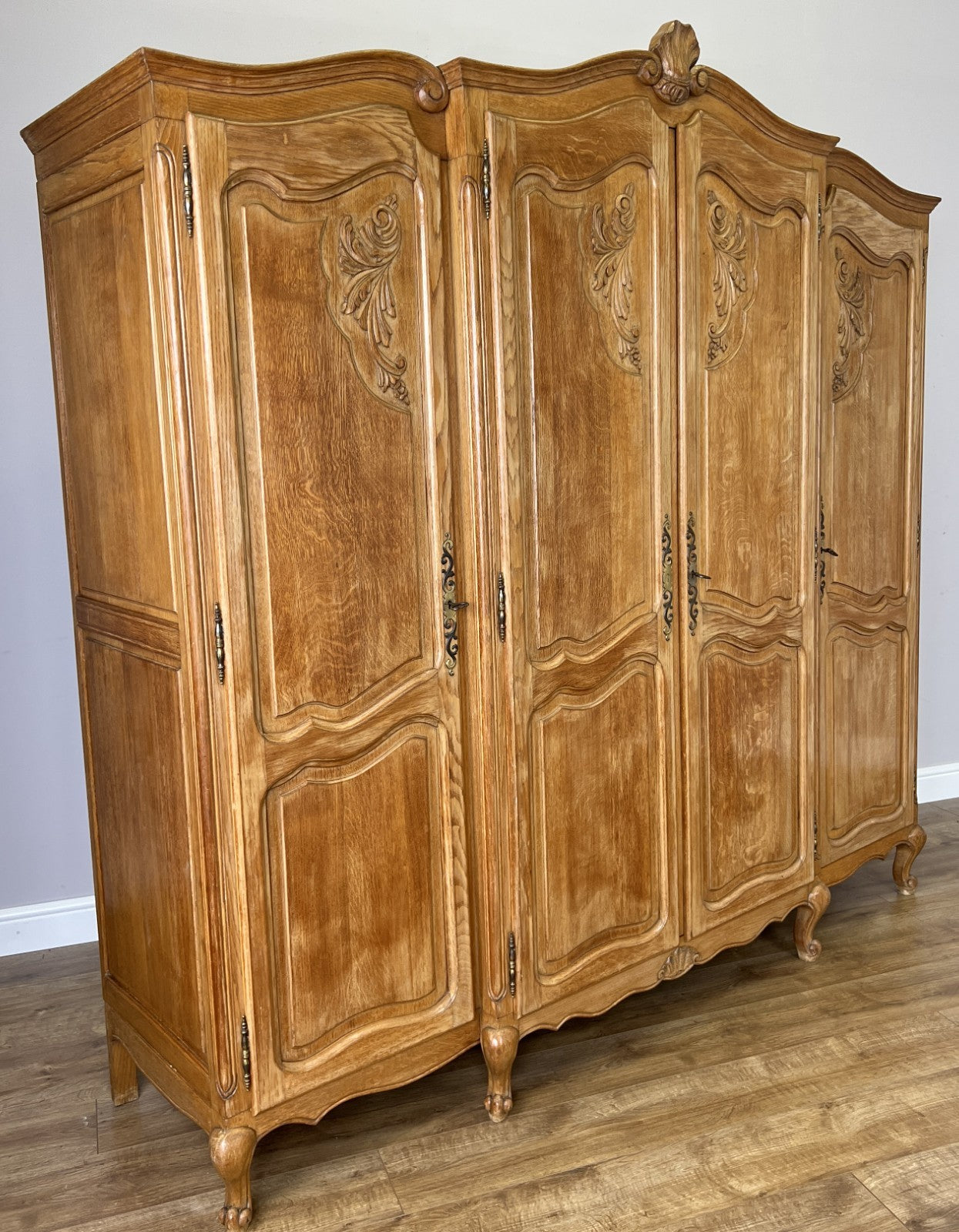 Wardrobe Vintage French Louis XVI Style Oak Four Door Carved Armoire LOT 63842