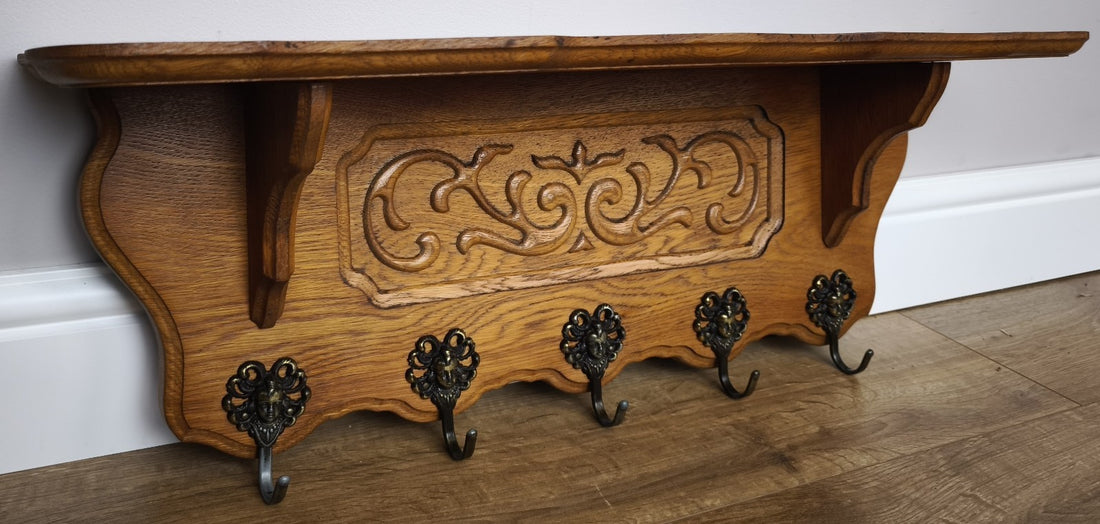 French Vintage Coat Rack Oak 5 Hooks Wall Shelf Carved Coat Hanger LOT 60050