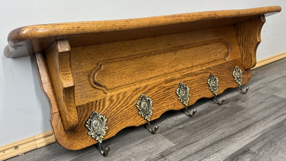 French Vintage Coat Rack Oak 5 Hooks Wall Shelf Carved Coat Hanger LOT 44940