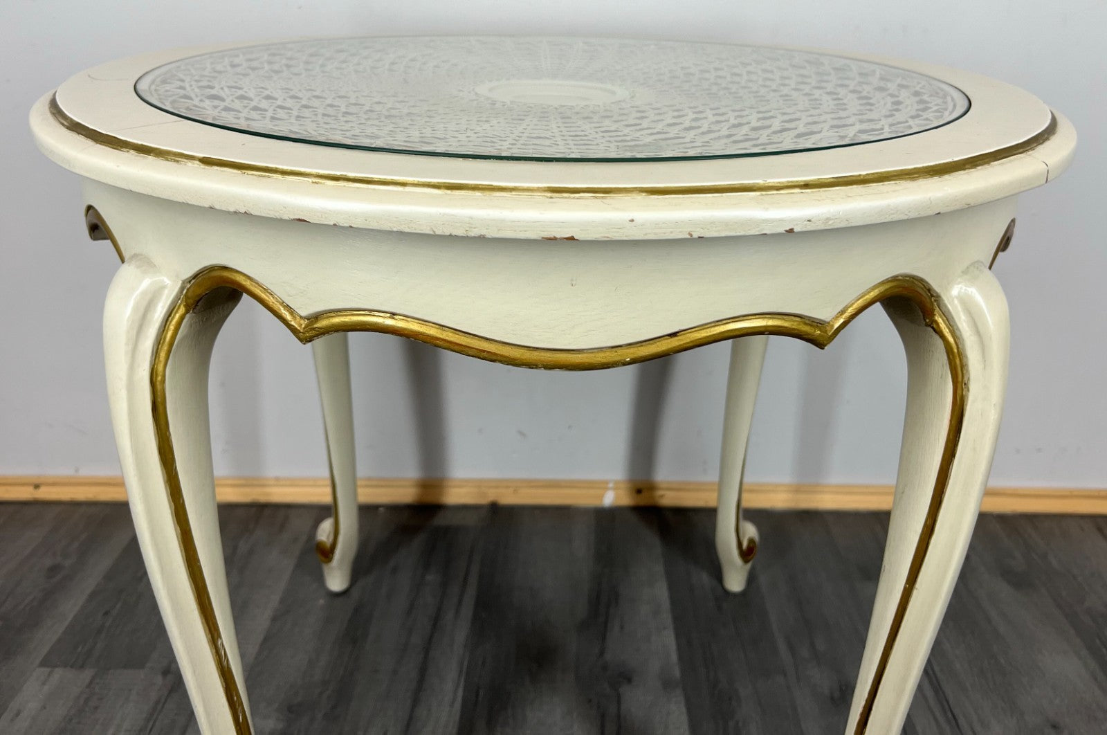 Coffee Table Vintage French Louis XIV Shabby Chic Round Glass Top LOT 32823