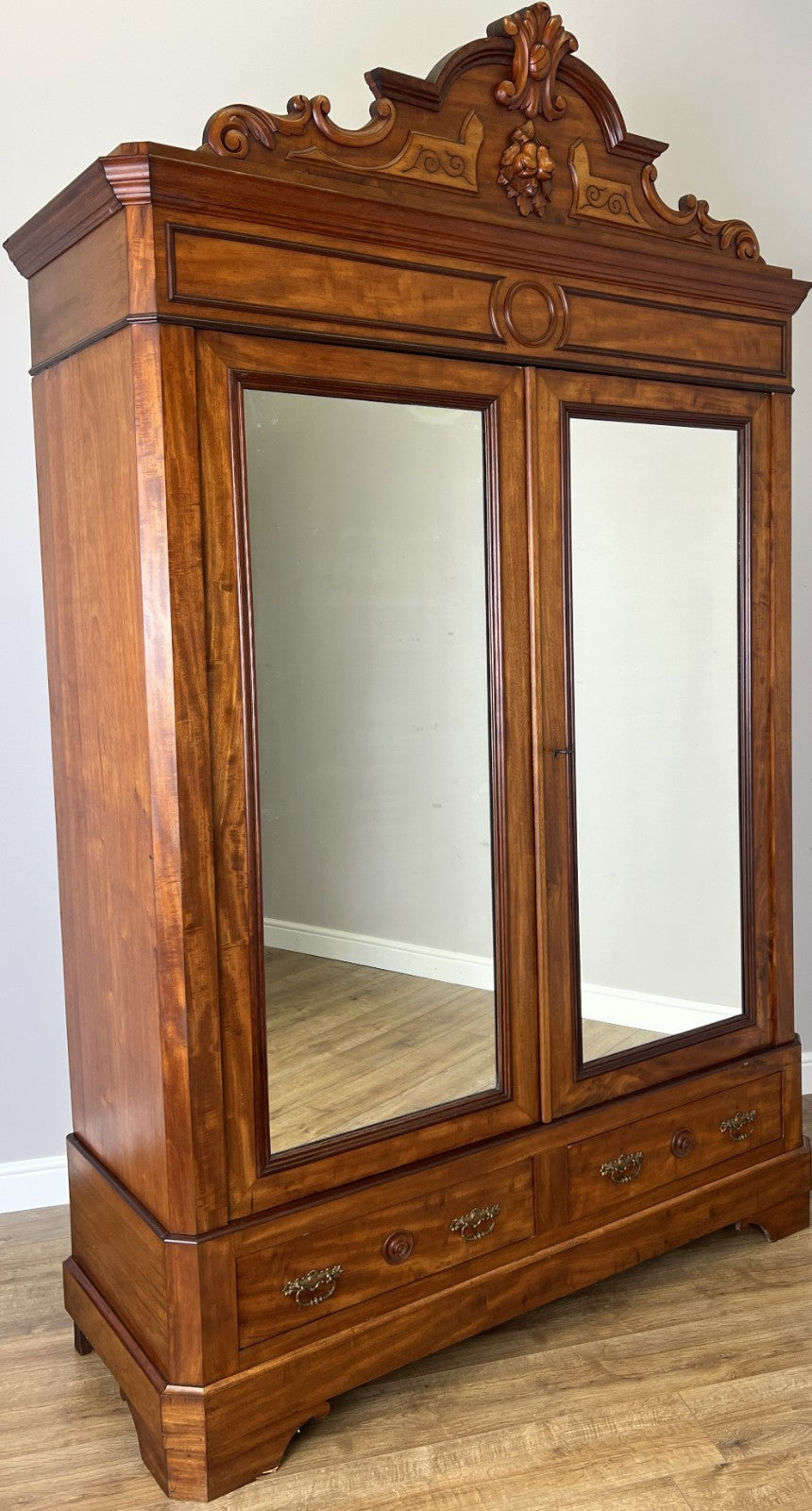 Wardrobe Antique French Mahogany Two Door Carved Mirrored Armoire LOT 61640