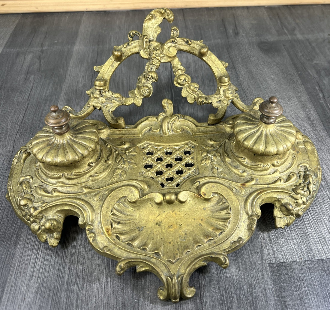 Inkwell Set Vintage French Brass Ornate Desk Stand Accessory LOT 46810