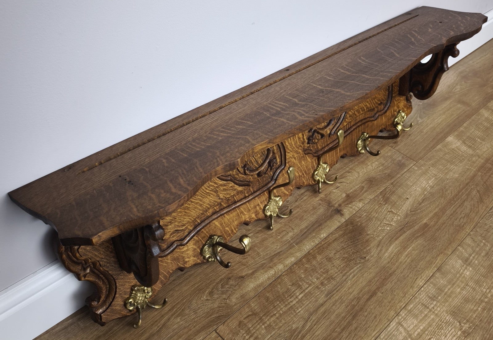 French Vintage Coat Rack Oak 6 Hooks Wall Shelf Carved Coat Hanger LOT 60009