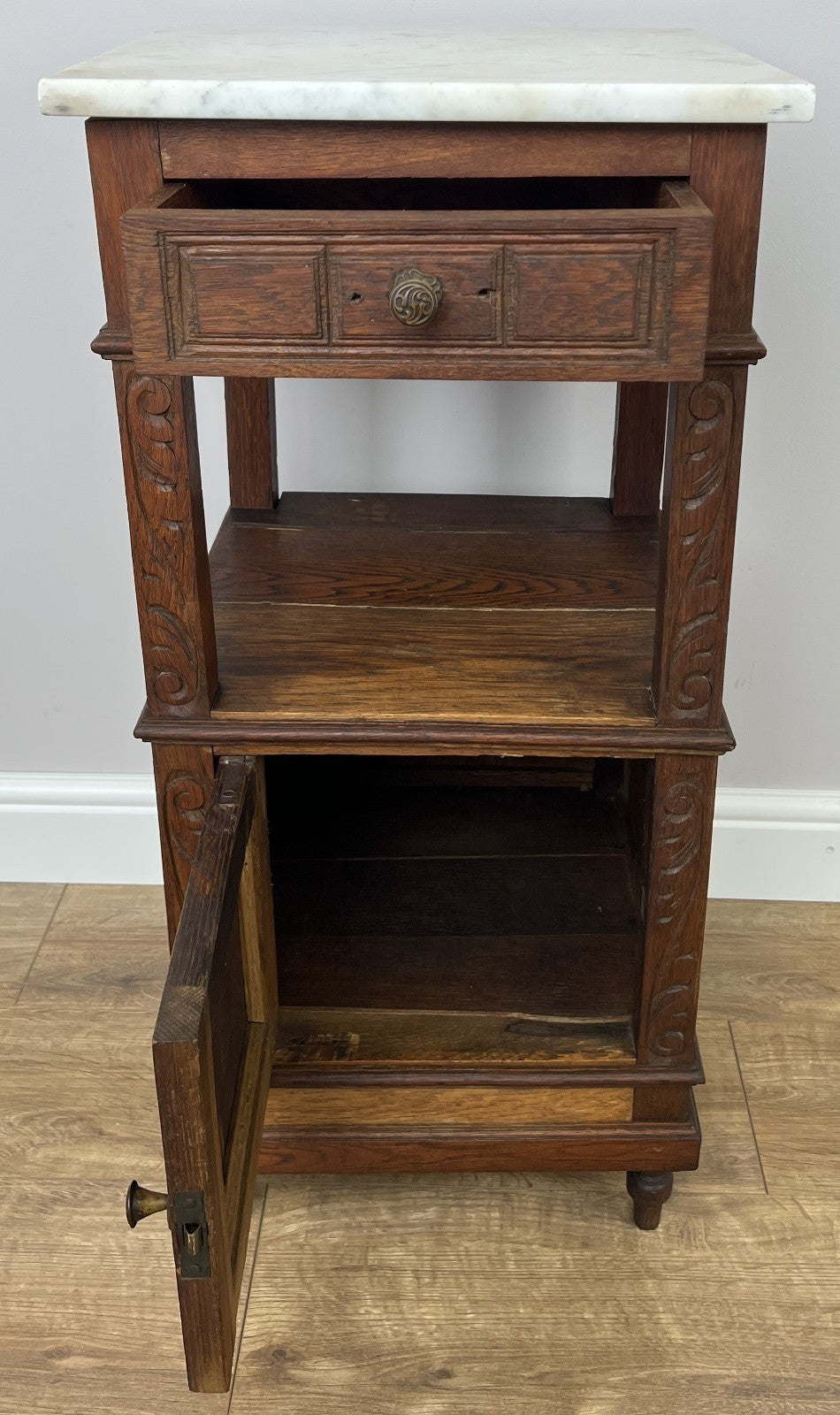 Bedside Table Antique French Marble Top Oak Cabinet Carved Cupboard LOT 63522
