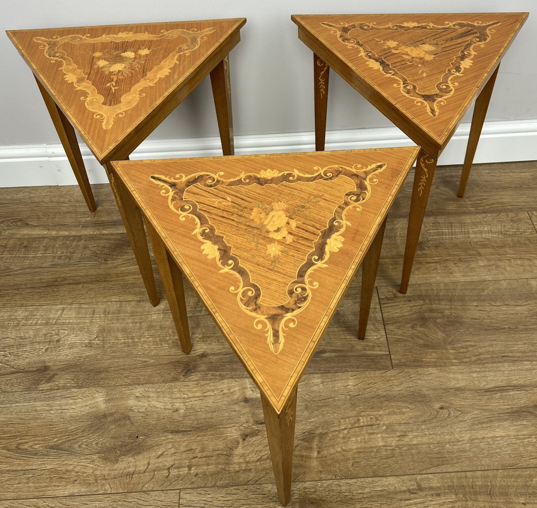 Vintage French Nested Triangle Inlaid Set 3 Pieces Carved Tables LOT 49060