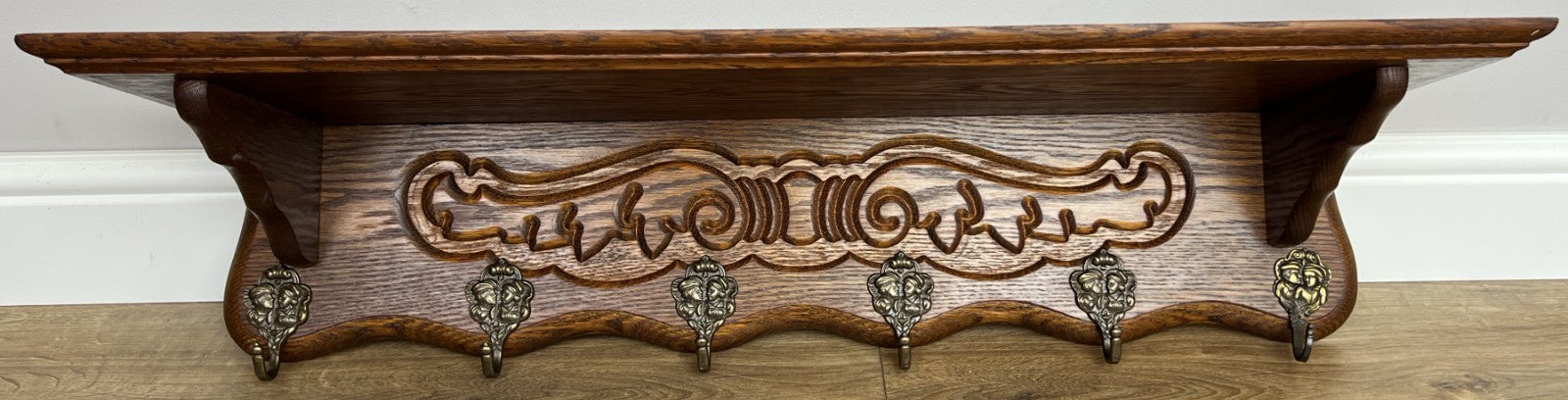 Coat Rack Vintage French Carved Oak Wall Mounted 6 Hooks Rack Hanger LOT 63681