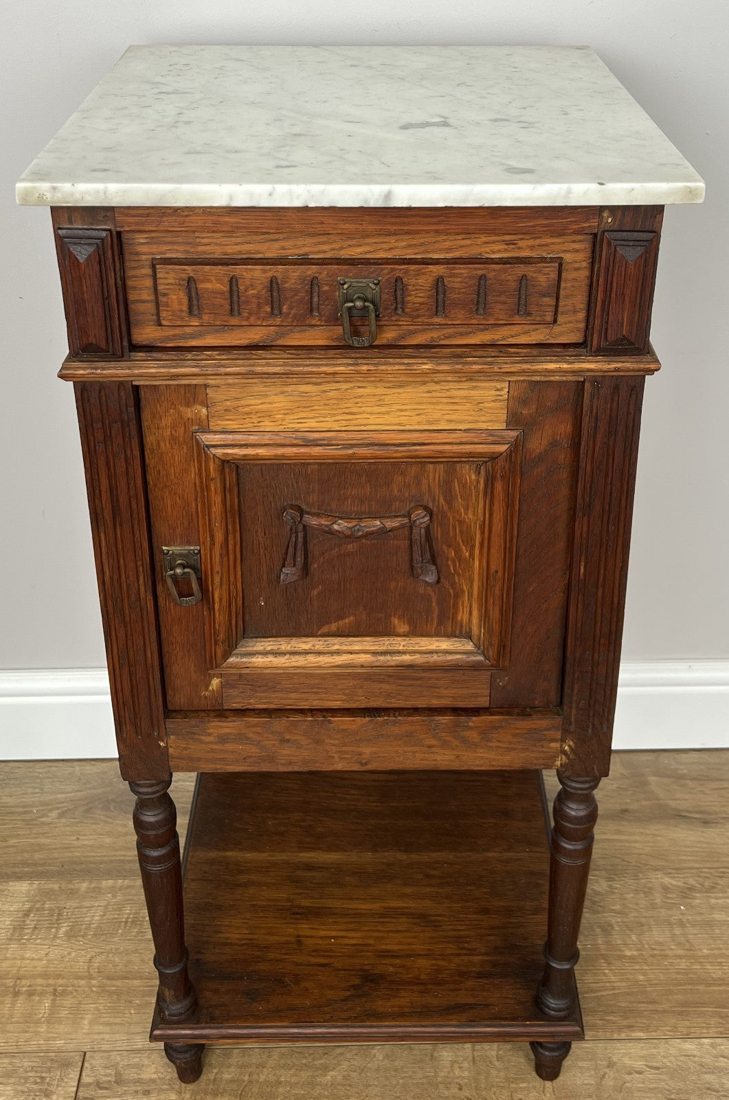 Bedside Table Antique French Oak Marble Top Cupboard Carved Cabinet LOT 60130