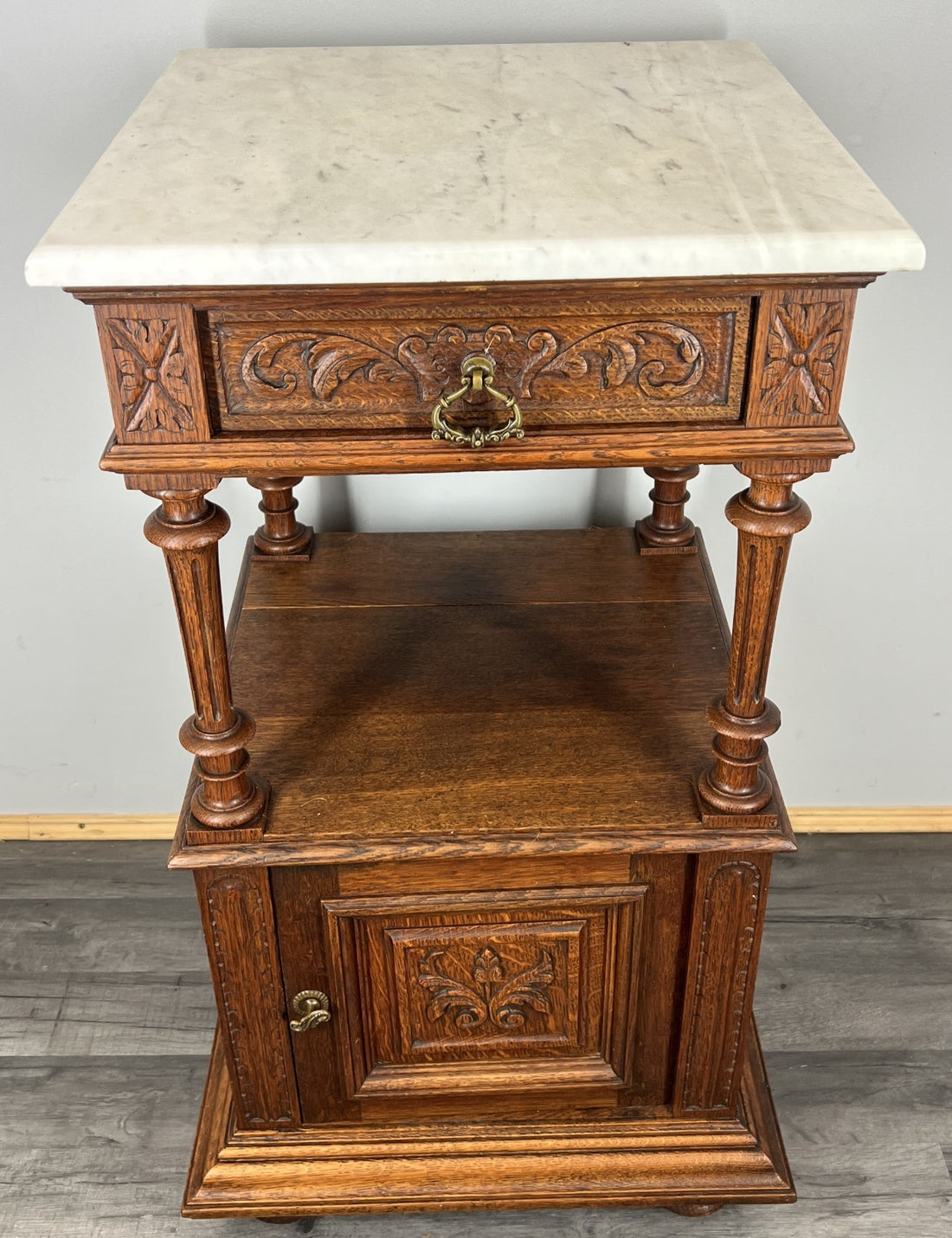 Bedside Table Antique French Oak with Marble Top Carved Cabinet LOT 42910