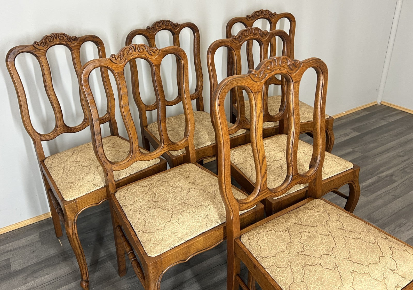 Chairs Vintage French Louis XVI Style Oak Upholstered Set of 6 Carved LOT 44012
