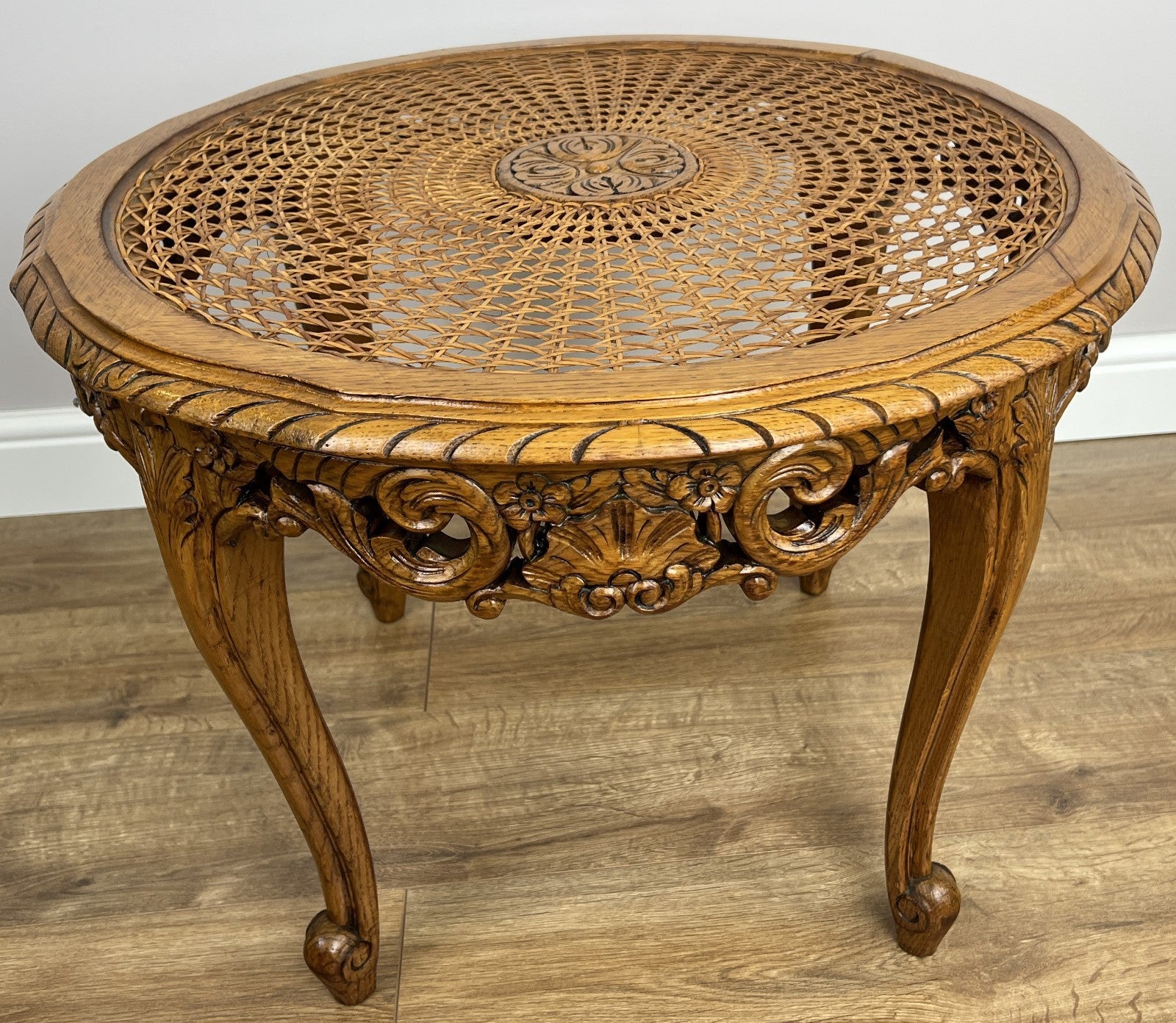 Coffee Table Vintage French Louis Style Oak Carved Cane Top Side Table LOT 486511