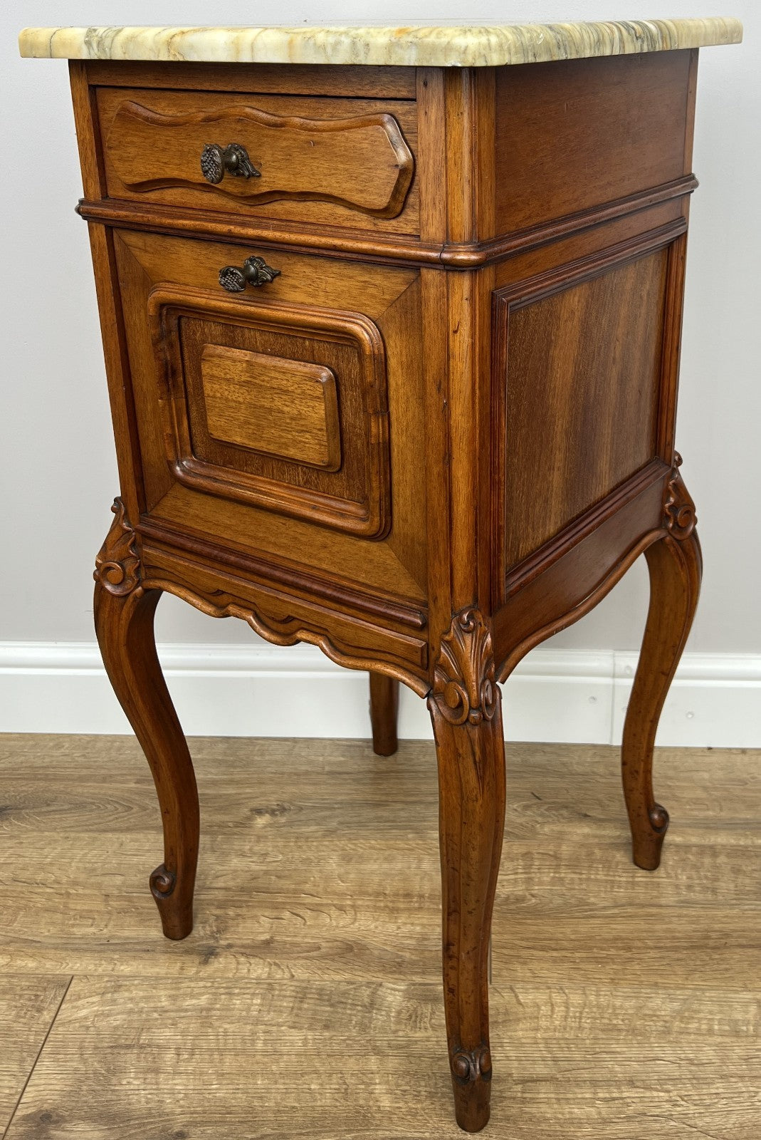 Pair of  Bedside Tables Antique French Louis Walnut Marble Top Cabinets LOT 48947