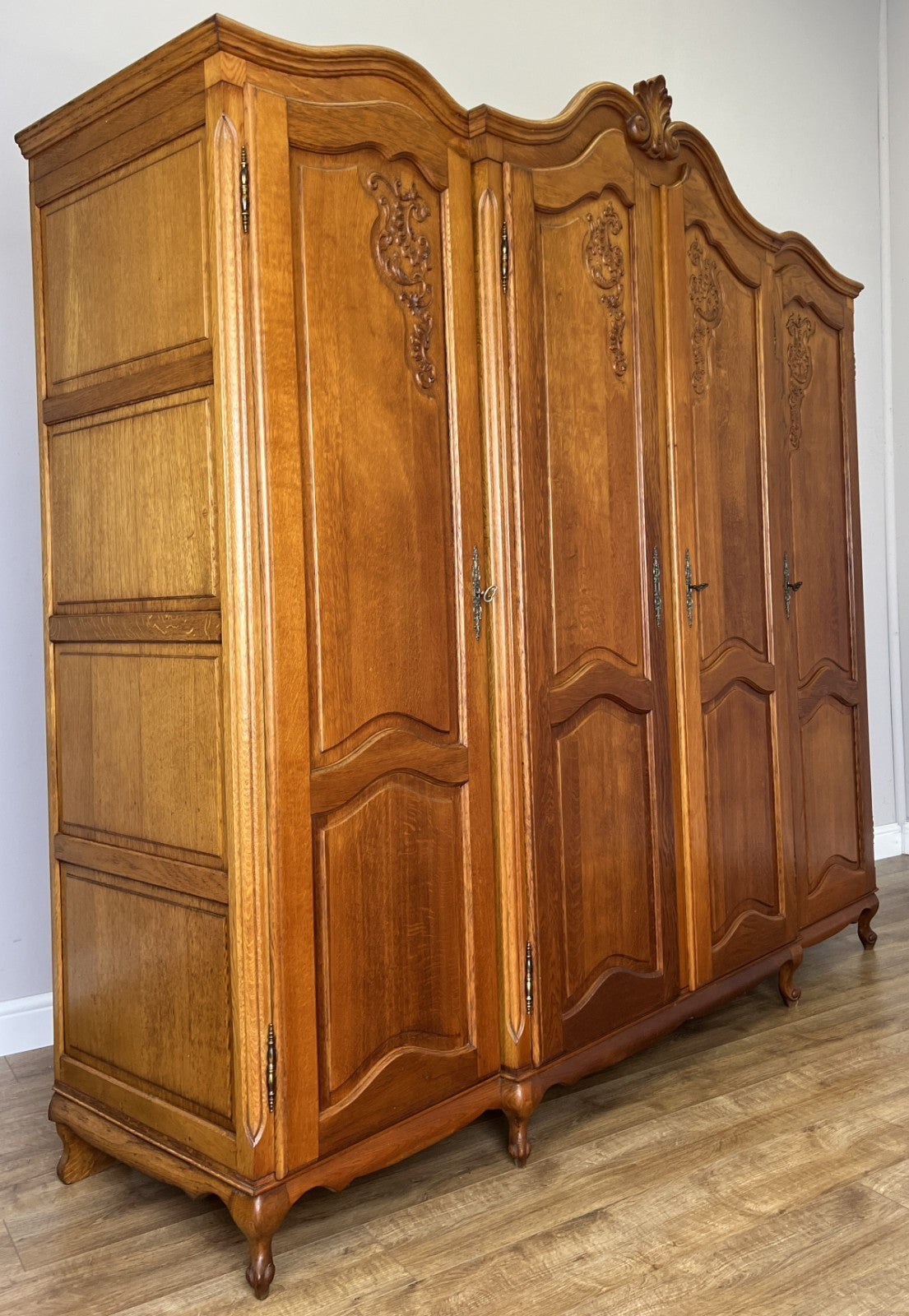 Wardrobe Vintage French Louis XVI Style Oak Four Door Carved Armoire LOT 6491