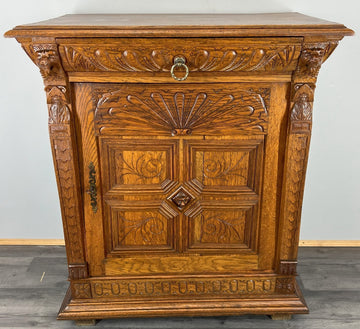 Cabinet Antique French Oak Carved Lion Mask Detail Cupboard with Key LOT 4053