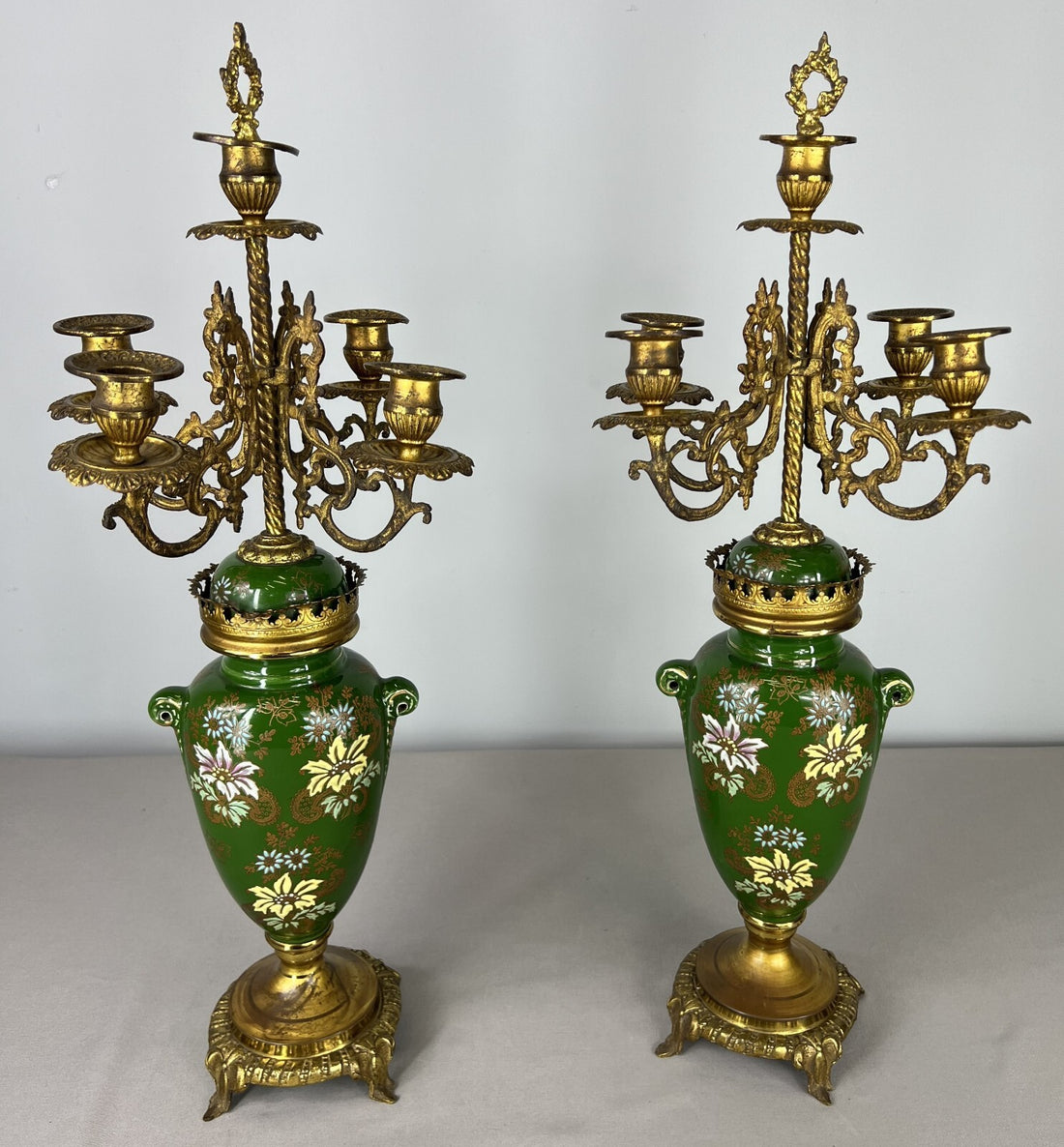 Mantel Clock Set Antique French Garniture Porcelain Bronze Candelabras LOT 36200