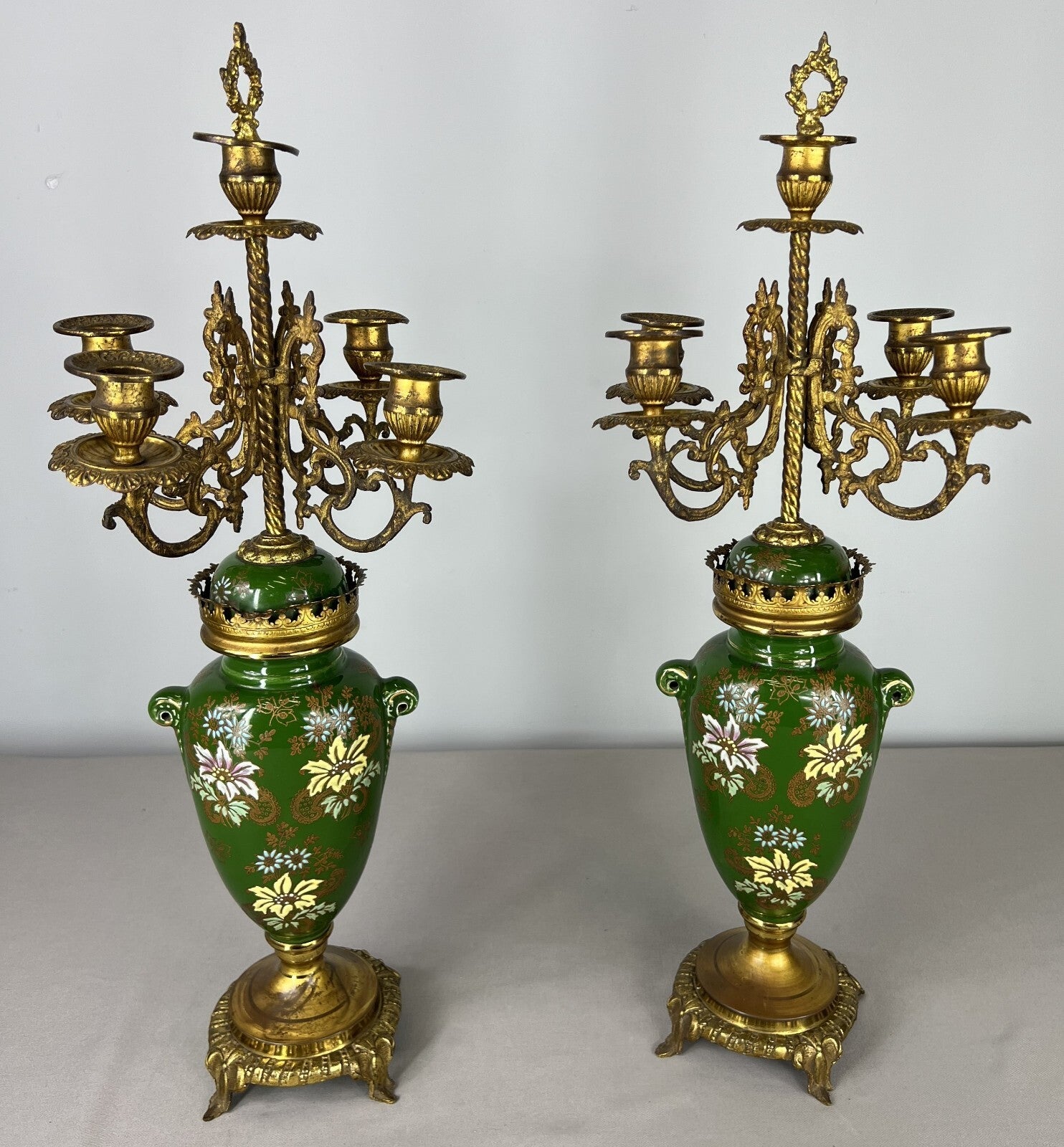 Mantel Clock Set Antique French Garniture Porcelain Bronze Candelabras LOT 36201