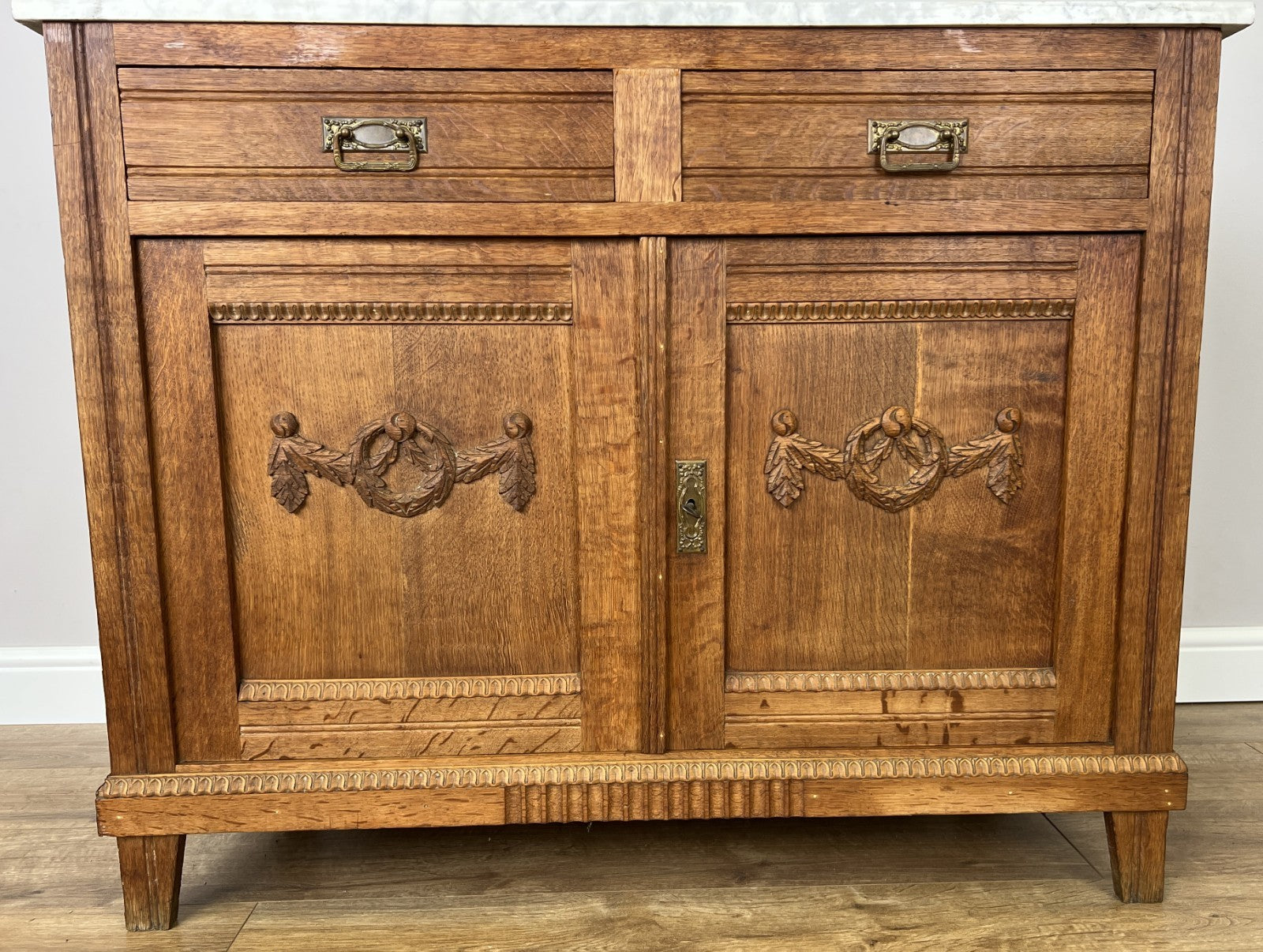 Cabinet Antique French Style Marble Top Oak Sideboard Carved Cupboard LOT 62848