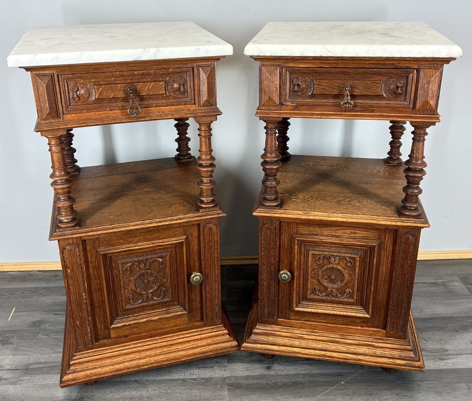 Pair of Bedside Tables Antique French Marble Top Oak Cabinets Carved LOT 43290