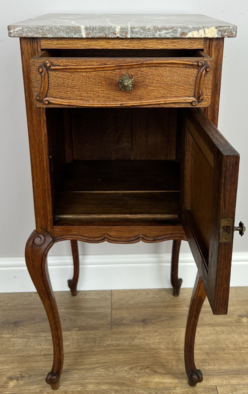 Bedside Table Antique French Marble Top Oak Cabinet Carved Cupboard LOT 63949
