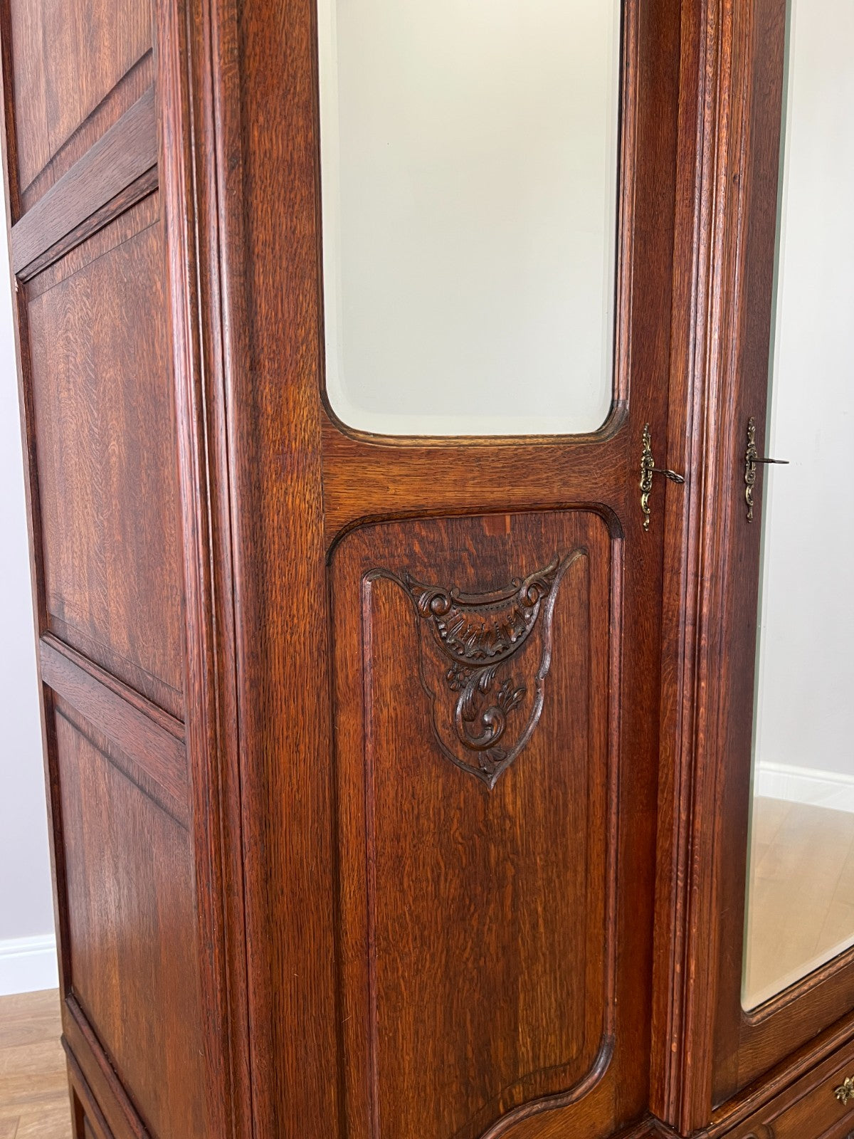 Wardrobe Antique French Rocaille Oak Three Door Carved Mirrored Armoire LOT 48435