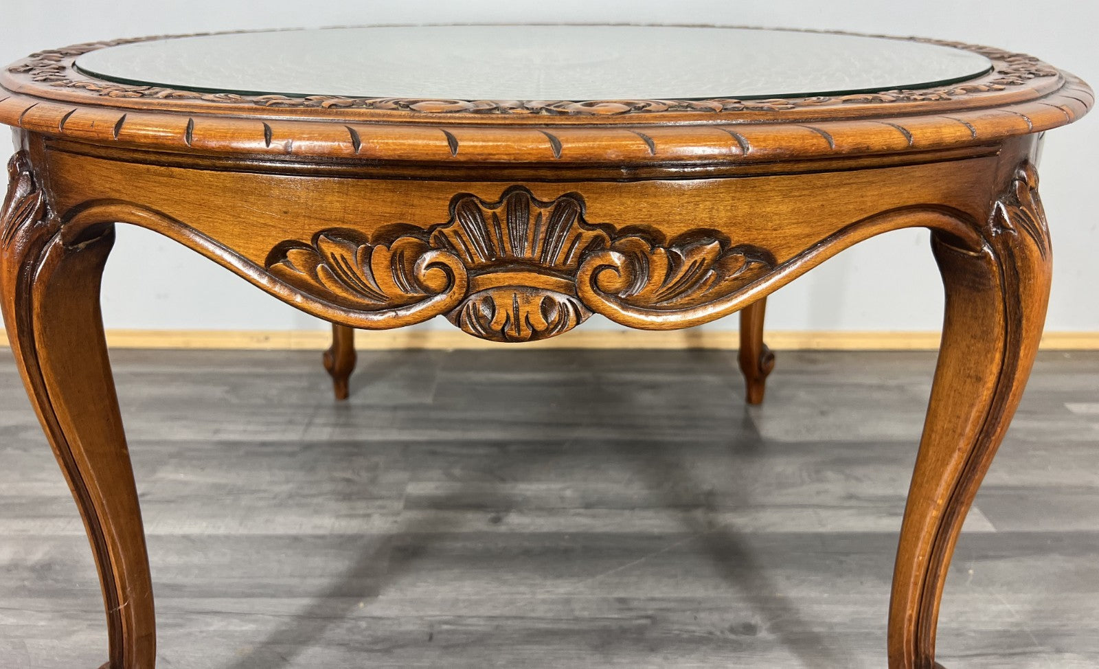 Coffee Table Vintage French Louis XIV Glass Top Ornate Cane Round Table LOT 39415