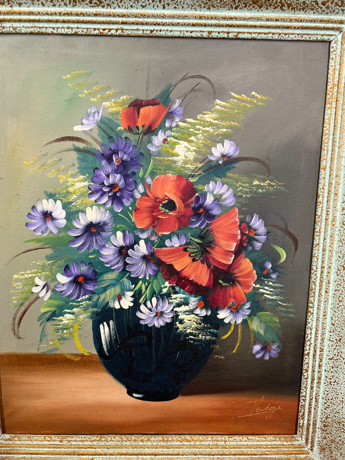 Painting Vintage French Floral Vase Red Purple Flower Signed Framed LOT 38782