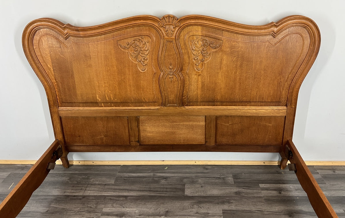 Bed Frame Vintage French Louis XVI Style Oak Double Carved Panel LOT 4086