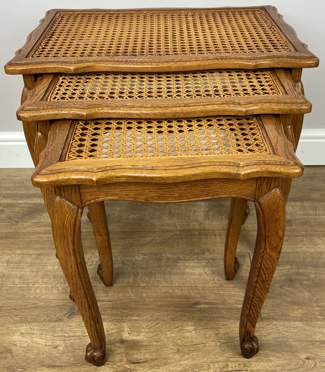 Vintage French Louis Oak Cane Set of Three Nested Carved Tables LOT 49090