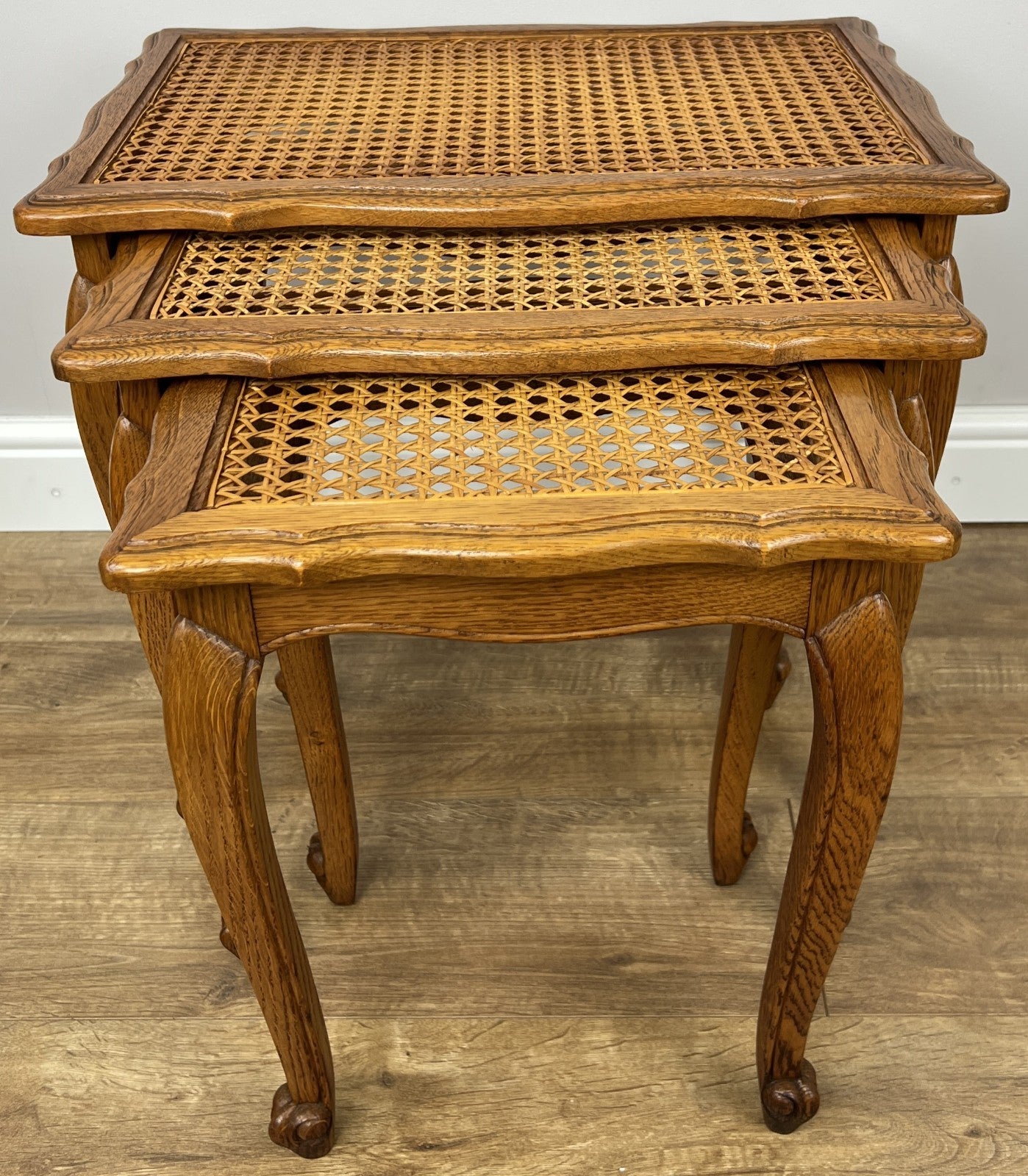 Vintage French Louis Oak Cane Set of Three Nested Carved Tables LOT 49091