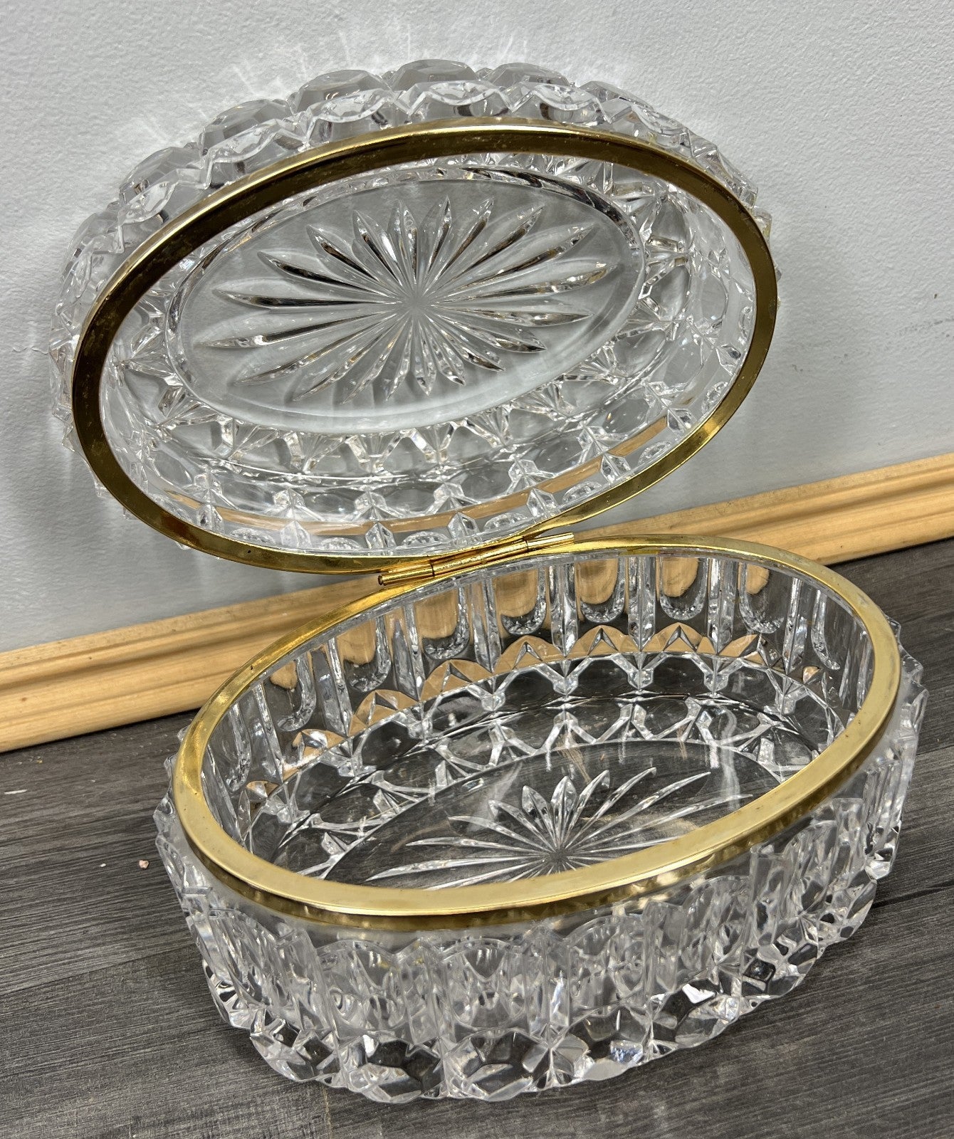 Vintage French Crystal Box Cut Glass with Brass Trim Oval Trinket Dish LOT 44120