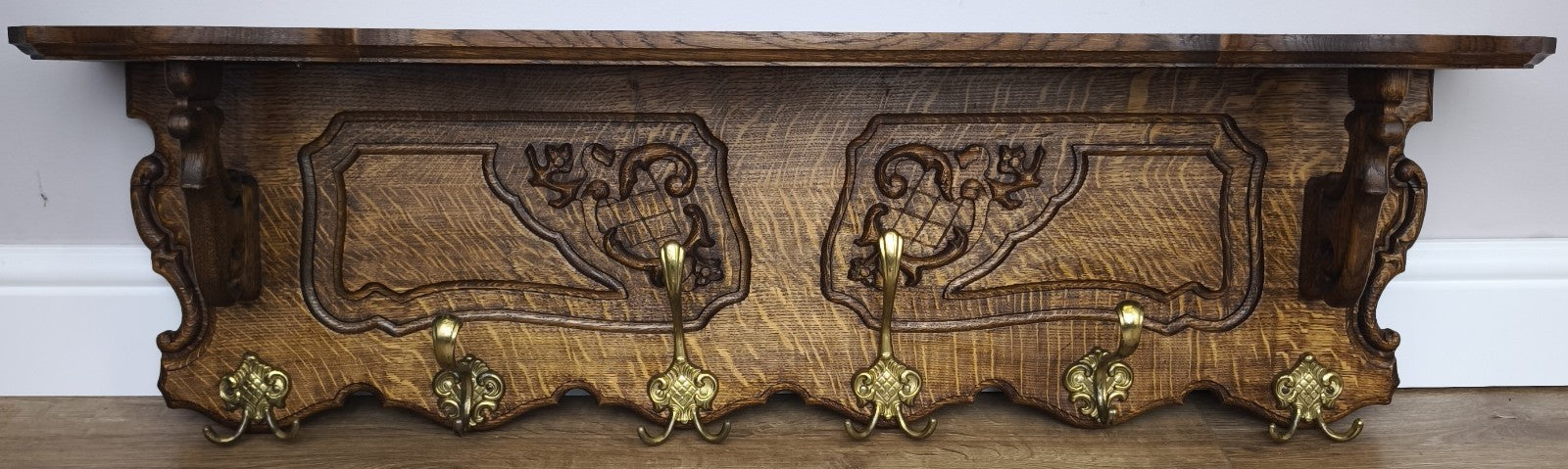 French Vintage Coat Rack Oak 6 Hooks Wall Shelf Carved Coat Hanger LOT 60001