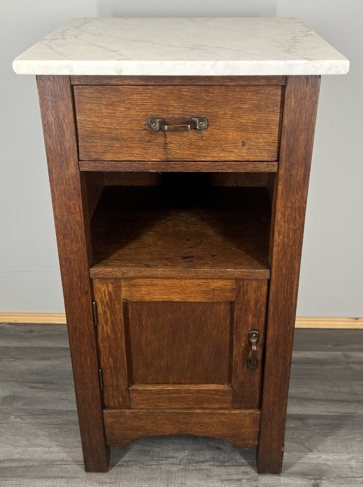 Bedside Table Antique French Style Oak with Marble Top Cabinet LOT 43392