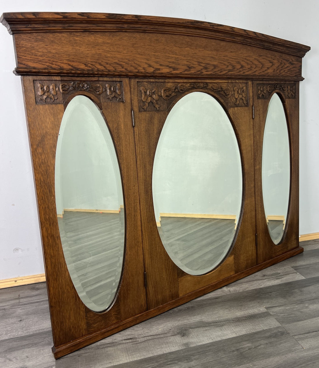 Antique French Style Carved Oak Wall Mirror Triple Panel Wall Frame LOT 48170