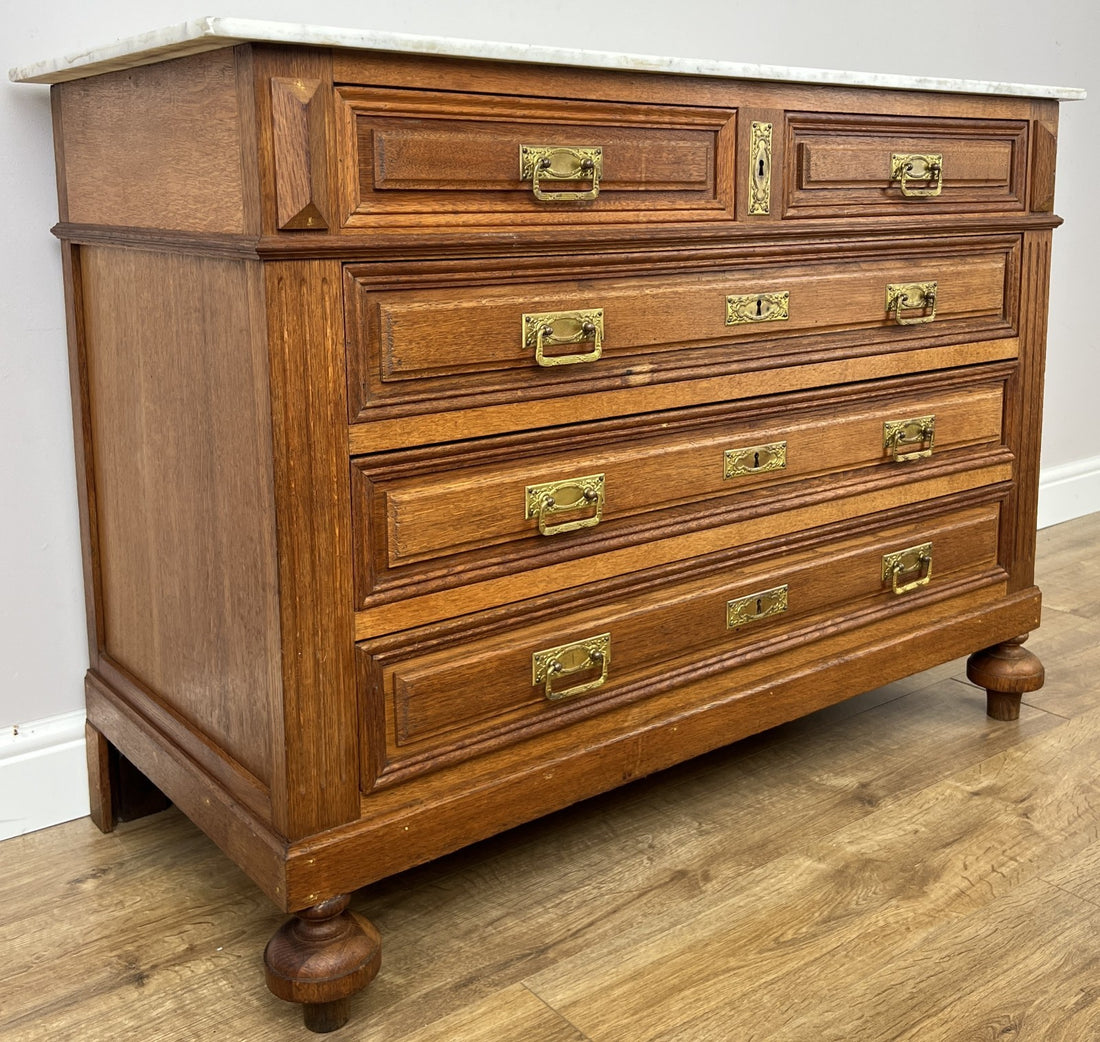 Chest of Drawers Antique French Style Oak Marble Top Carved Cabinet LOT 64480