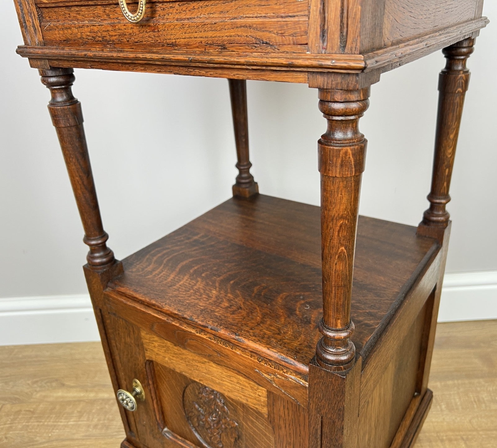 Pair of Bedside Tables Antique French Marble Top Carved Oak Cabinets LOT 49168