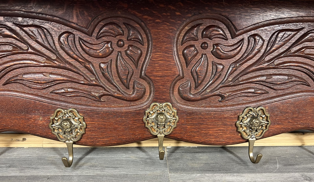 French Vintage Coat Rack Oak 7 Hooks Ornate Wall Shelf Carved Coat LOT 3885
