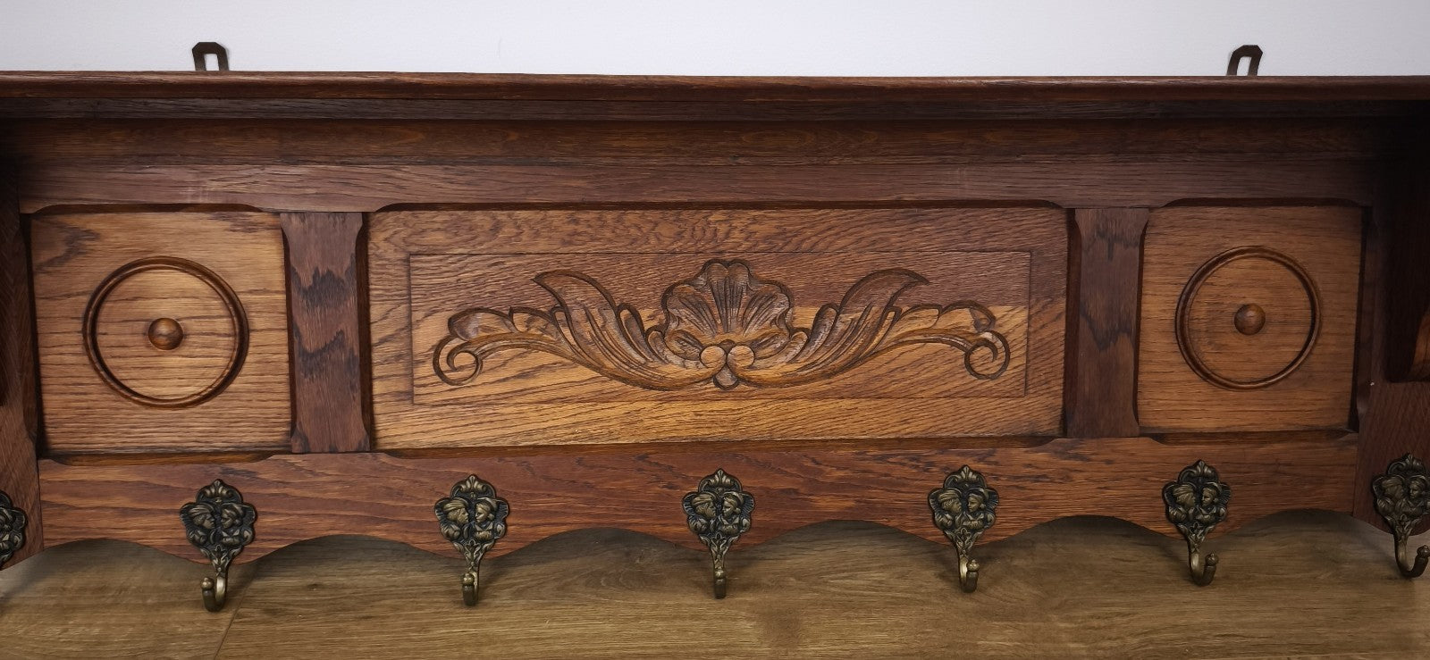 French Vintage Coat Rack Oak 7 Hooks Wall Shelf Carved Coat Hanger LOT 49922