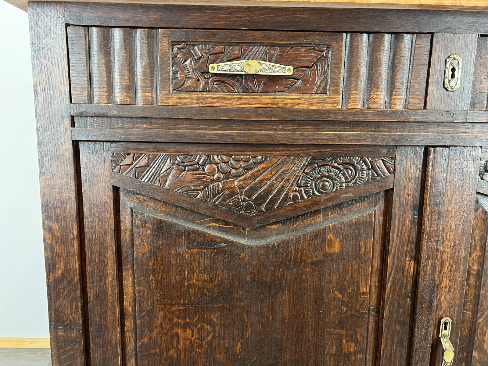 Sideboard Antique French Oak Marble Top Carved Two Door Cabinet LOT 22276