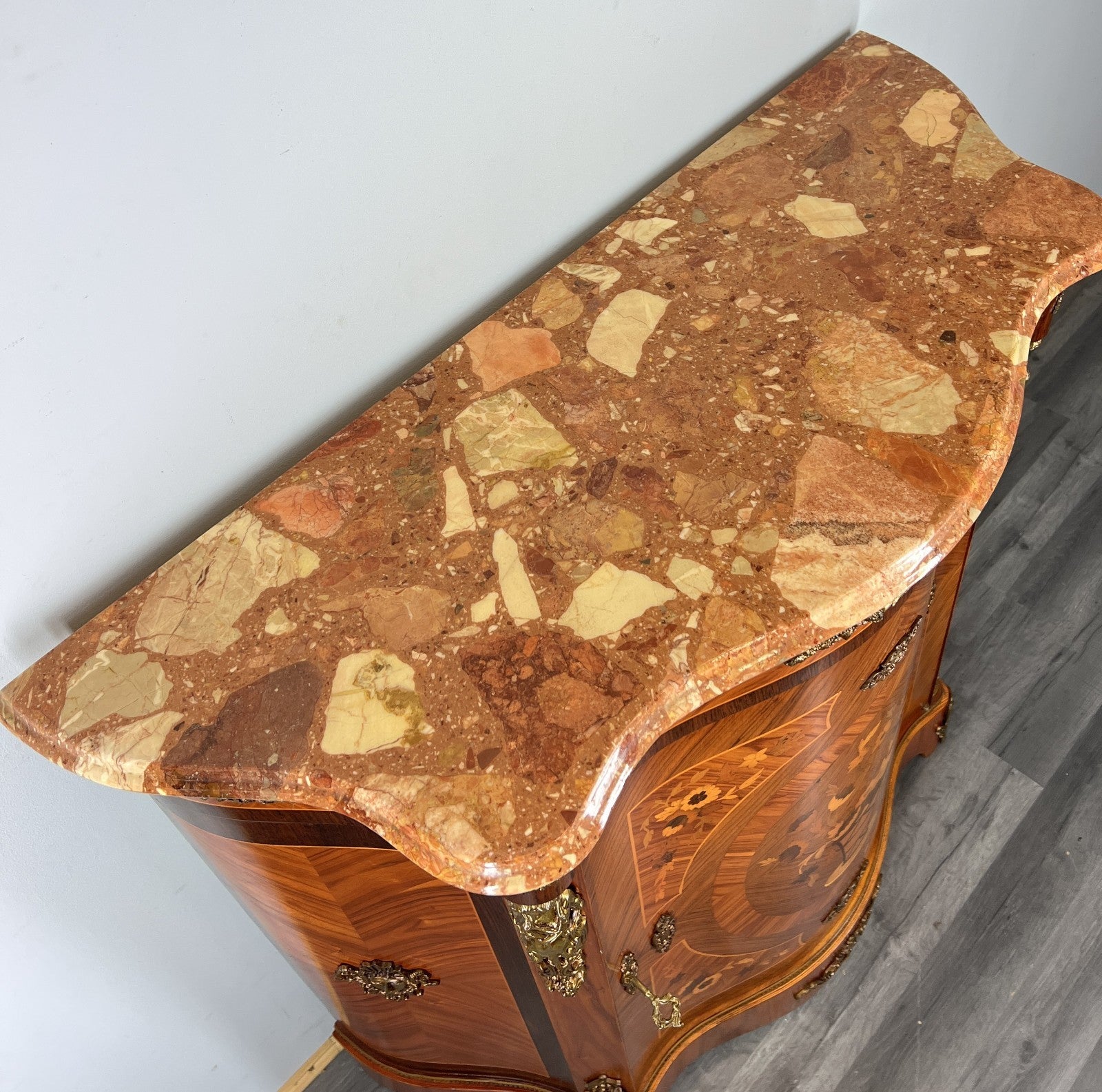 Cabinet Vintage French Marble Top Inlaid Sideboard with Brass Ormolu LOT 42847