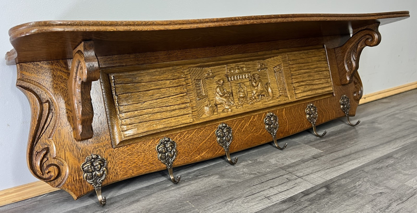 French Vintage Style Coat Rack Oak 6 Hooks Ornate Wall Shelf Coat LOT 46922