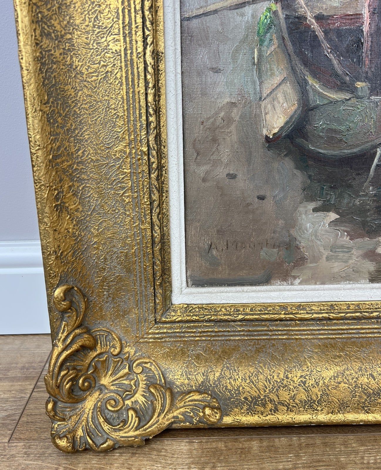 Oil Painting Vintage French Style Signed Coastal Boats Artwork Framed LOT 49422