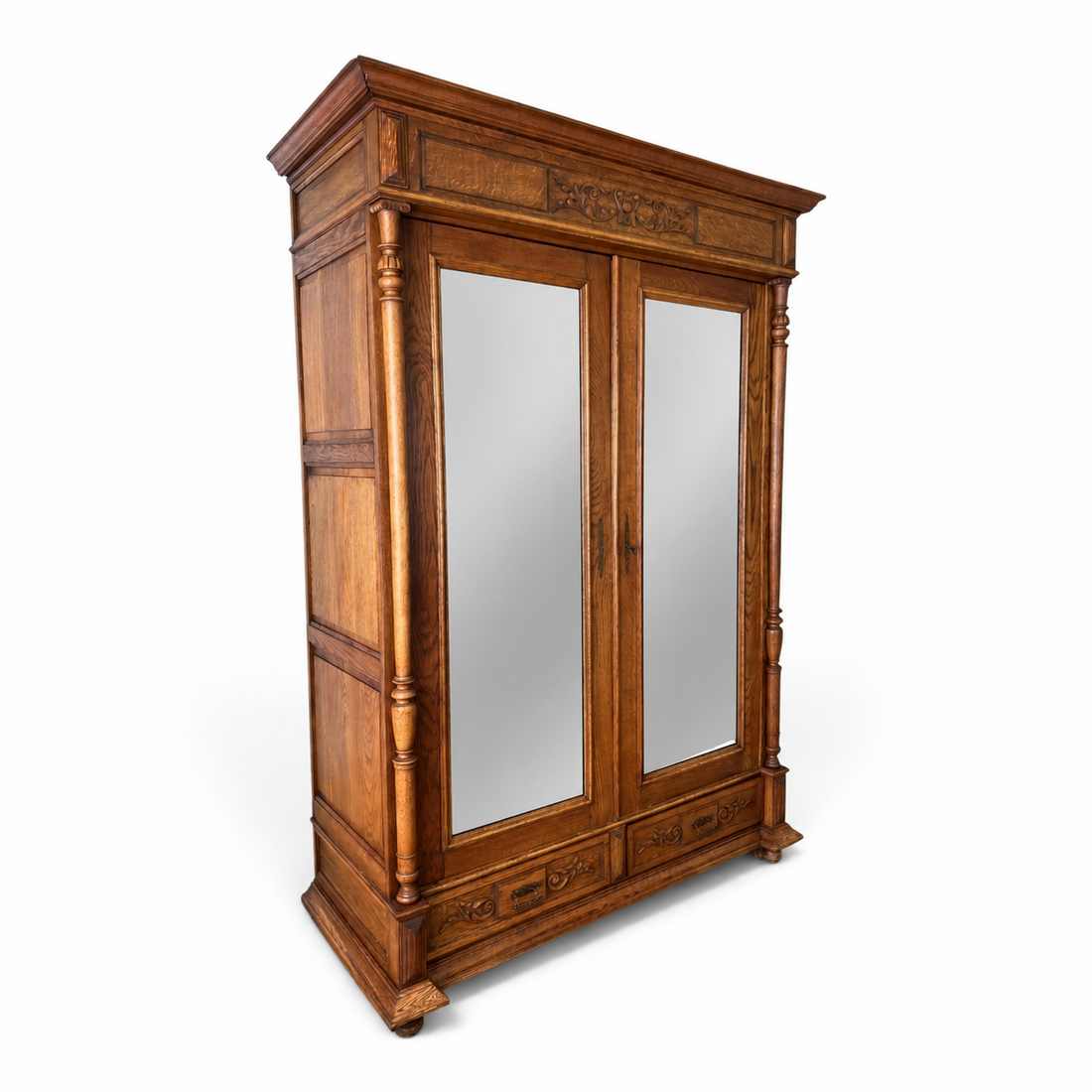 Wardrobe Antique French Style Oak Mirrored Two Door Carved Armoire LOT 6544