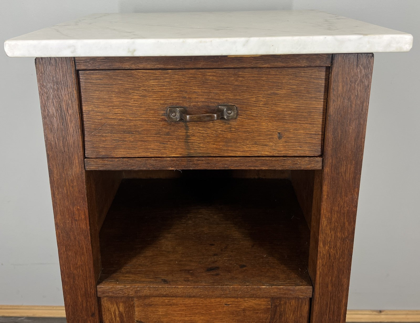 Bedside Table Antique French Style Oak with Marble Top Cabinet LOT 43393