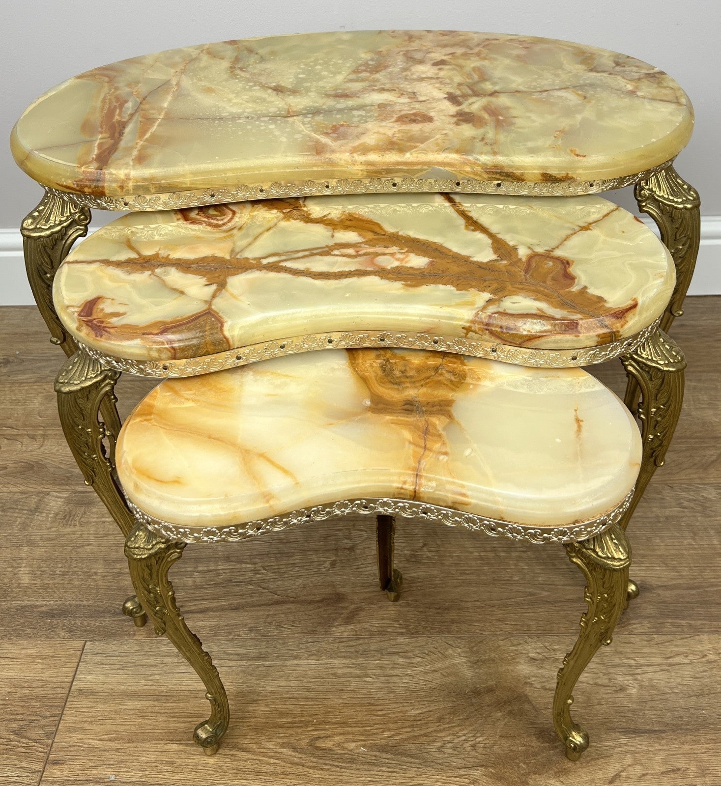 Nested Tables Vintage French Marble Onyx Brass Tables Set LOT 49702