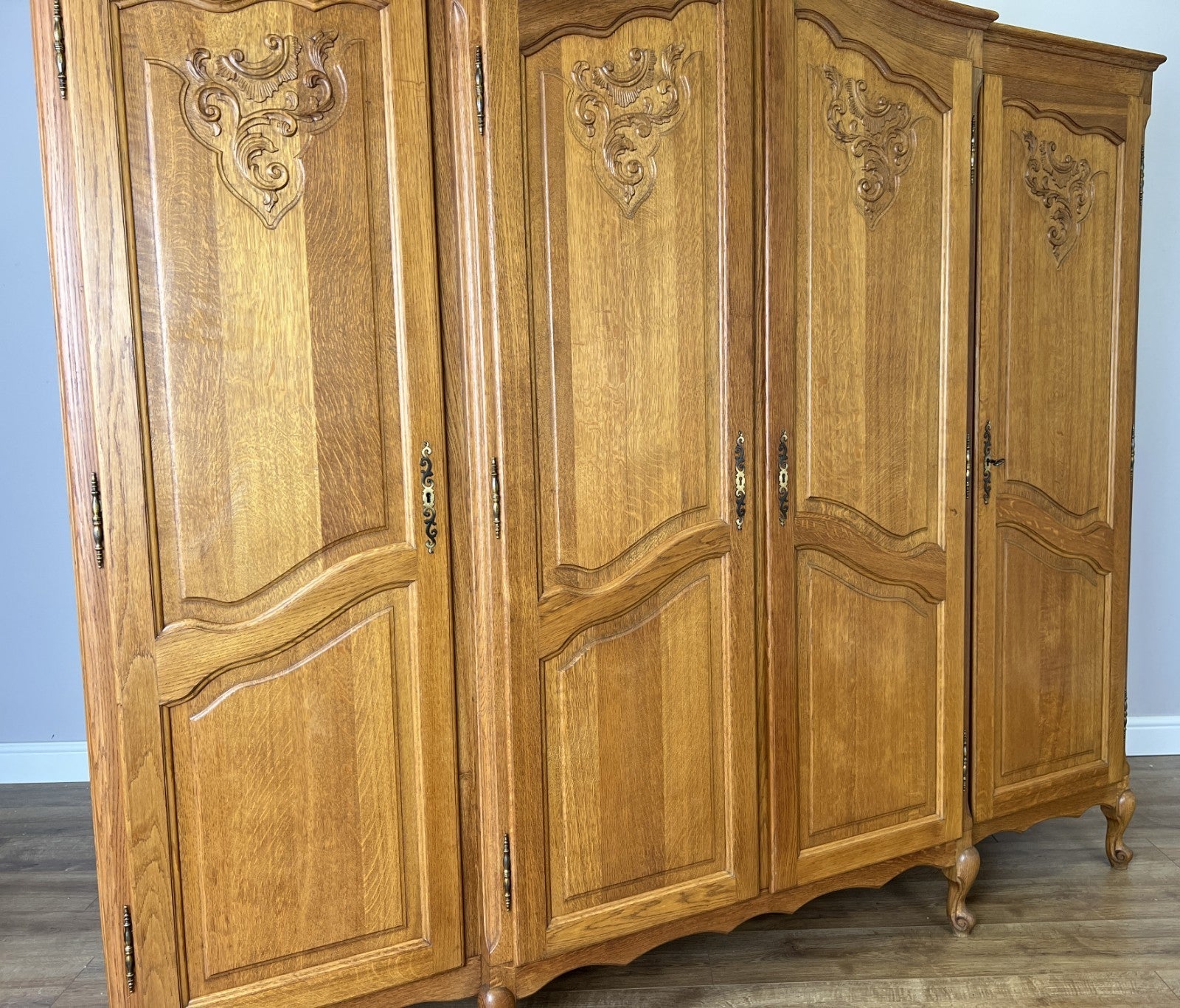 Wardrobe Vintage French Louis XVI Style Oak Four Door Carved Armoire LOT 61044