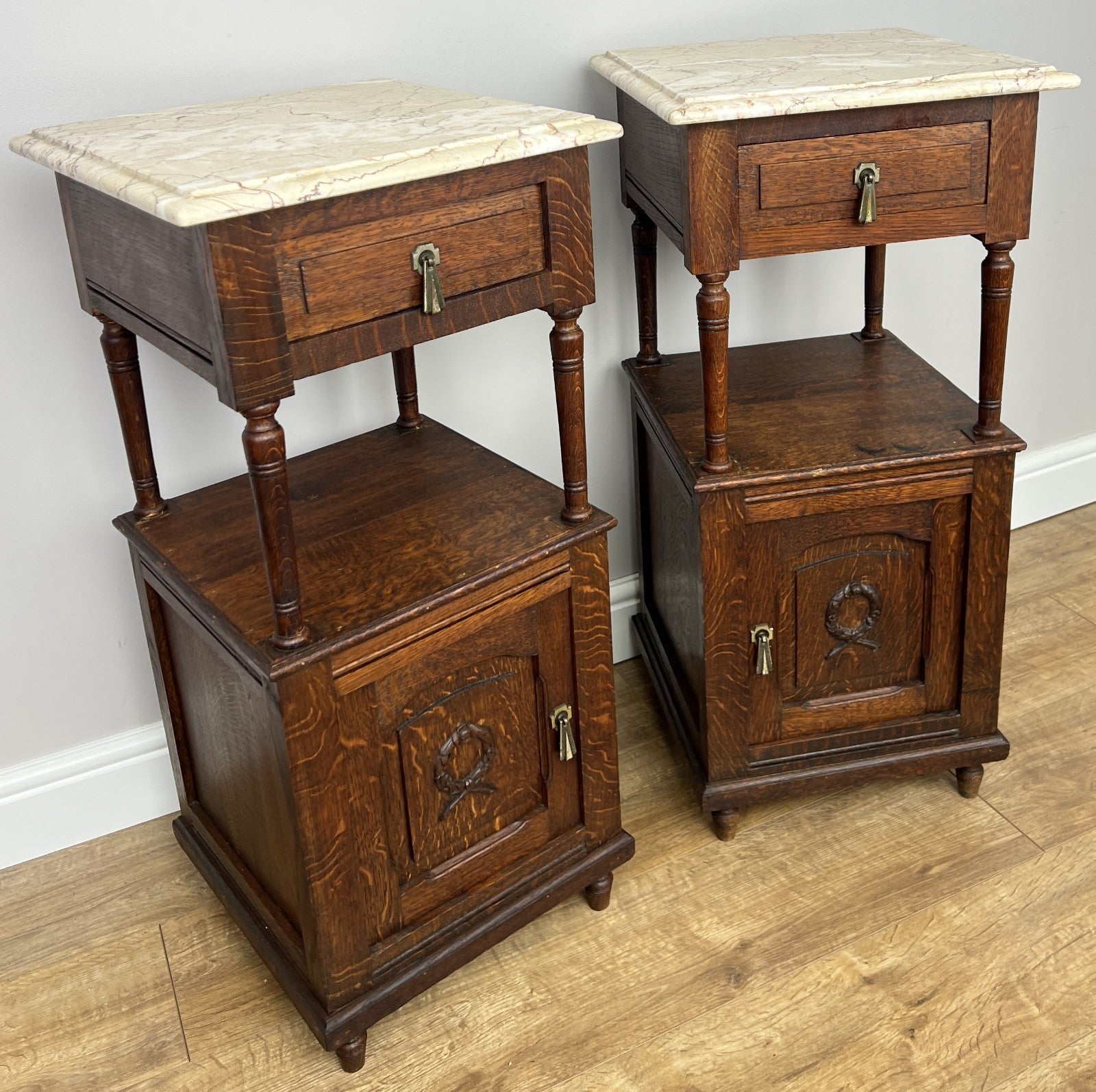 Pair of Bedside Tables Antique French Marble Top Carved Oak Cabinets LOT 49182