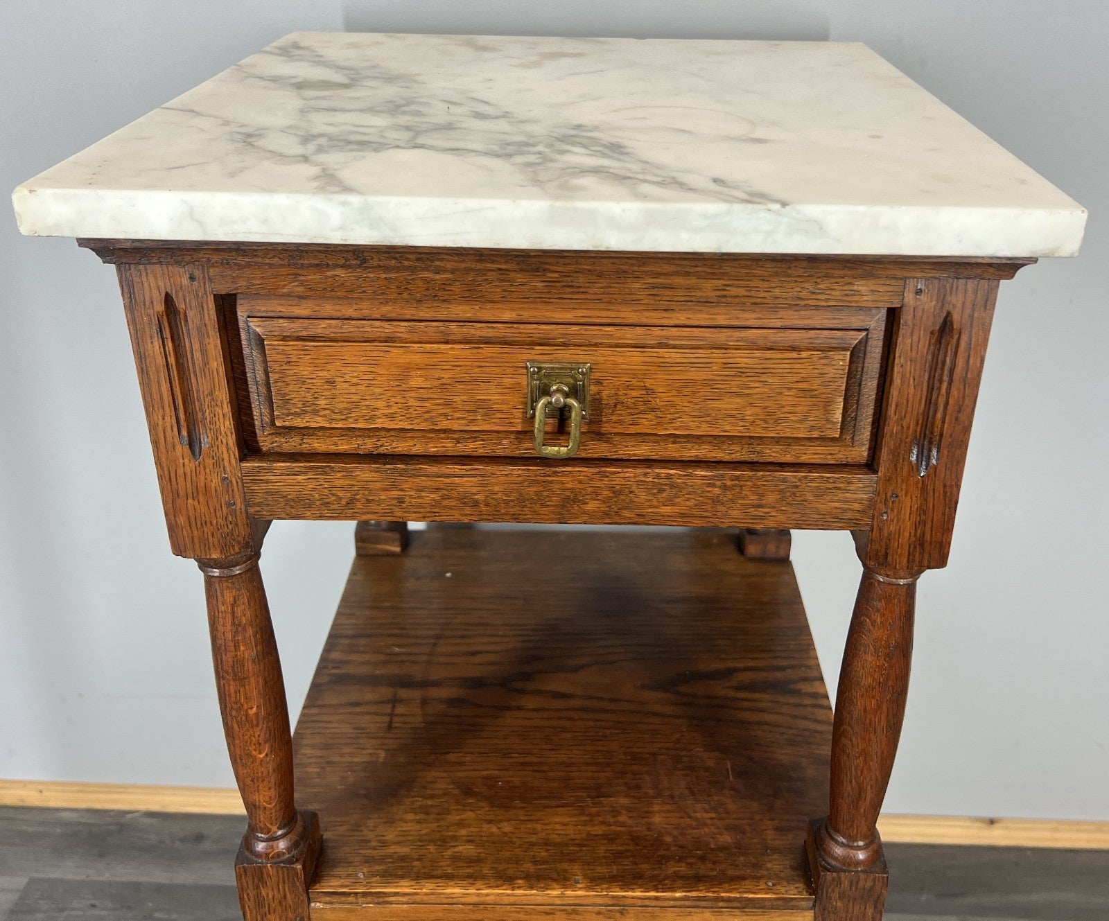 Bedside Table Antique French Oak with Marble Top Carved Cabinet LOT 43362