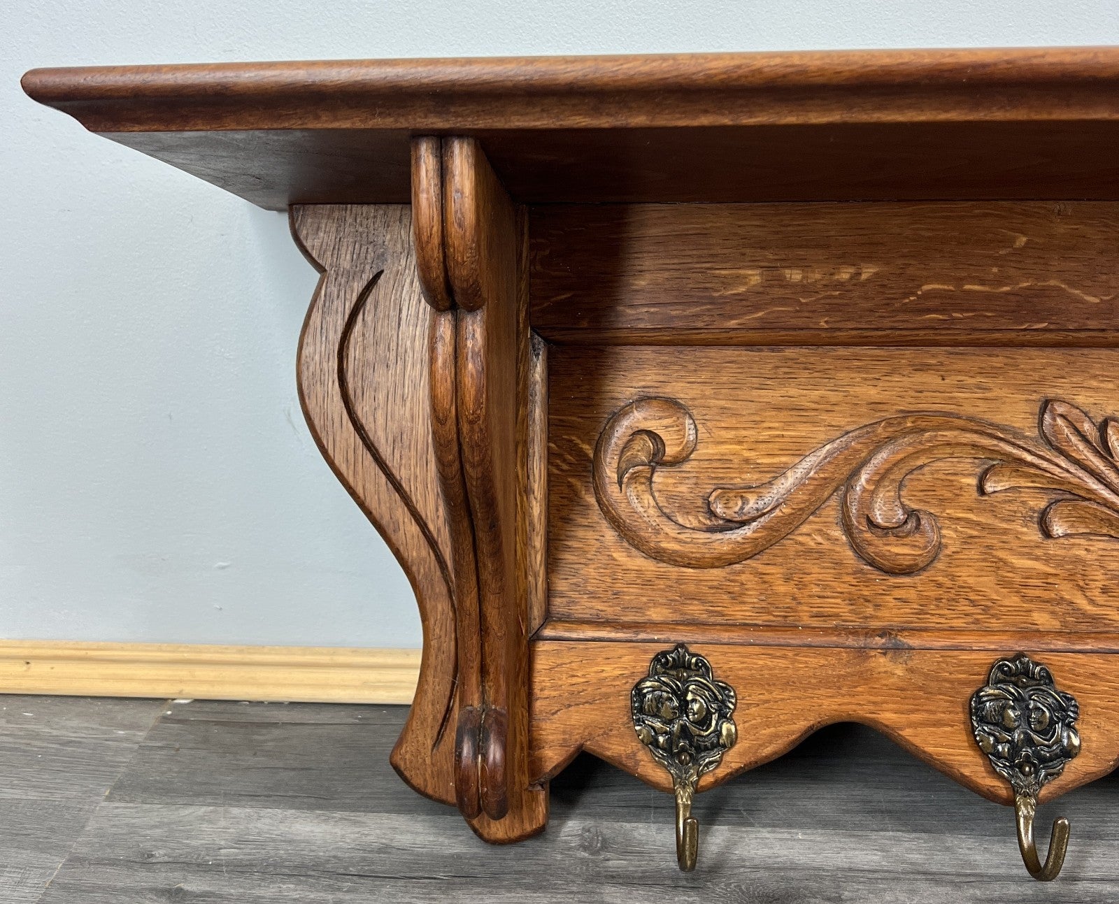 French Vintage Coat Rack Oak 5 Hooks Ornate Wall Shelf Carved Coat LOT 44452